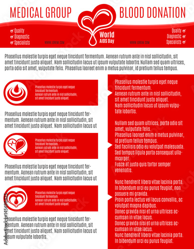 Blood donation vector poster for medical group. Design for World AIDS day or social volunteer charity event of World Donor Day. Symbols of blood and heart, helping hands for donorship medical center