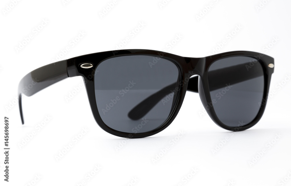 Cool sunglasses with black plastic frame isolated on white background Cool sunglasses with black plastic frame isolated on white background