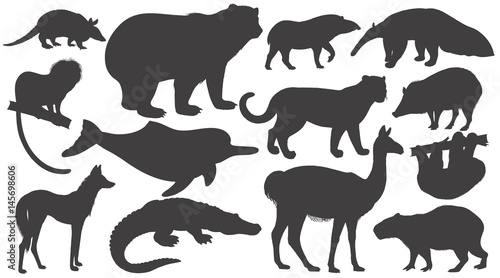 Set of silhouettes animals of South America.
