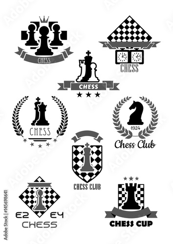 Chess club vector icon for chessplayer team or tournament contest. Vector symbols chessman pieces king and queen, rook or pawn and knight bishop on chessboard, ribbons and laurel stars