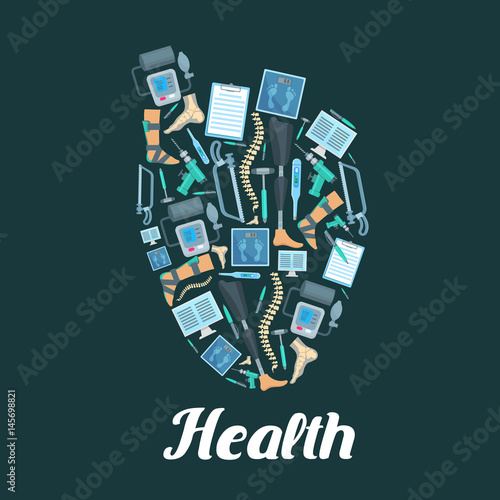 Heart symbol for medical vector poster. Items of orthopedics and surgery medicine tools and human body spine or foot limb prosthesis, x-ray, surgeon drill and bone saw, tonometer and thermometer