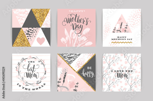 Set of Happy Mothers Day lettering greeting cards with Flowers.