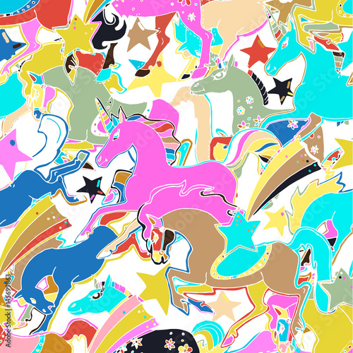 Vector hand drawn cute seamless background.horses, unicorns