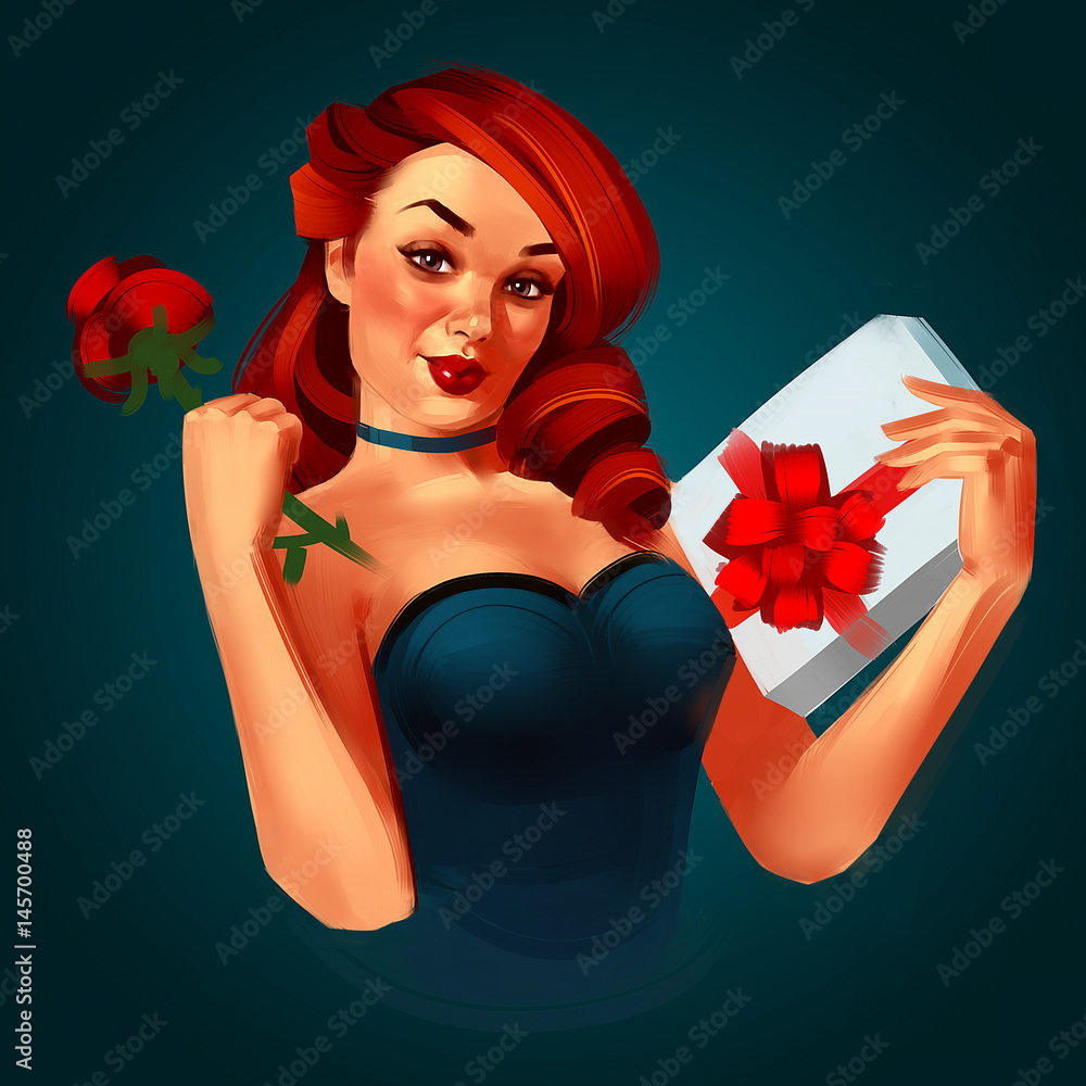 Young beautiful redhead woman in retro pin-up style showing on the