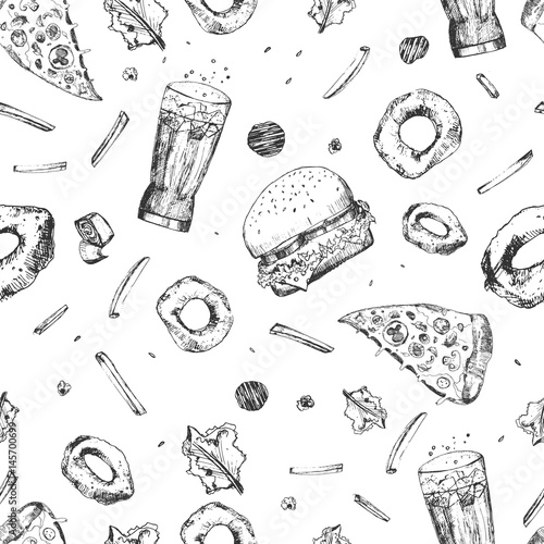 Vector sketch fast food seamless pattern. Monochrome junk food wrapping with pizza slices, burger, french fries and hot dog. Great for menu, poster or restaurant background, banner