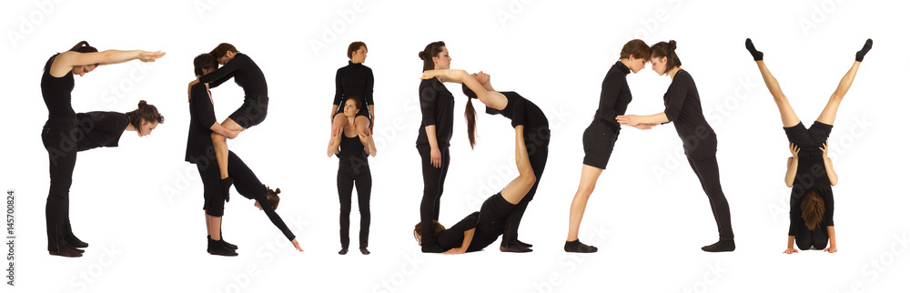 Black dressed people forming word FRIDAY Black dressed people forming word FRIDAY