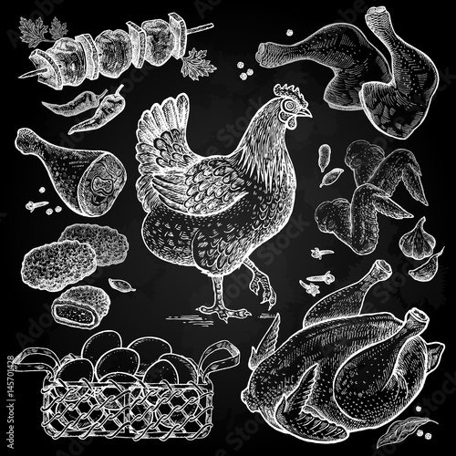 Hen and chicken dishes white chalk on a blackboard.