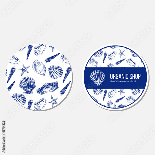 Seashells hand drawn vector colorful etching sketch isolated on white background, seamless pattern, underwater artistic marine blue texture, template label, layout design for card, beauty salon, spa
