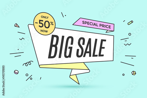 Ribbon banner with text Big Sale for discount and promotion. Colorful realistic sticker, banner for sale, shopping, market, business theme. Design elements for flyer, poster. Vector Illustration photo