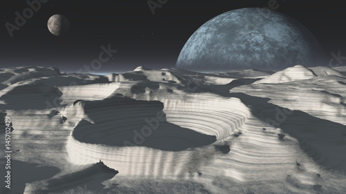 Fototapeta Naklejka Na Ścianę i Meble -  Extraterrestrial landscape, space background, moon surface, 3D rendering
