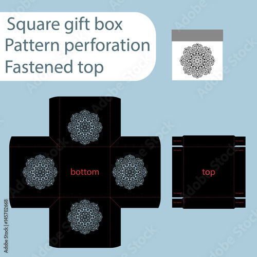 A square paper box, box is fastened with a lid, cut out template, gift wrap, laser cutting template, the sides are indicated by an abstract pattern of perforations, vector.
