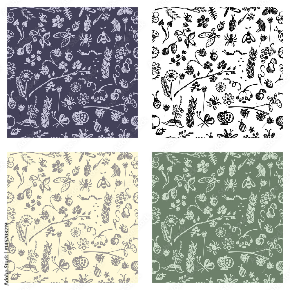 Set of seamless vector patterns, background with hand drawn cute insects, animals, fruits, flowers, leaves, decorative elements Hand sketch line drawing. doodle style