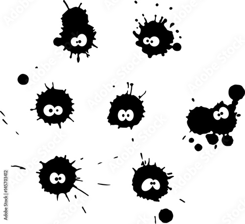 Fun ink blot collection, isolated, black drops on white background. Comic style, blots with eyes