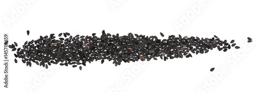 Black organic sesame seeds isolated on white background, top view