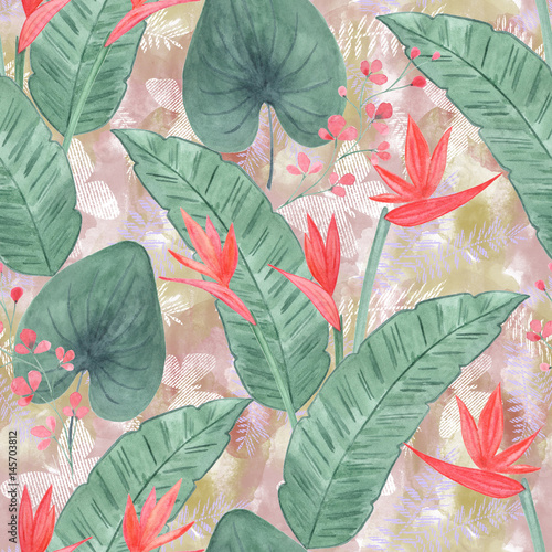 Seamless watercolor floral pattern. Hand painted exotic flowers, leaves on the background