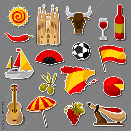 Spain sticker icons set. Spanish traditional symbols and objects