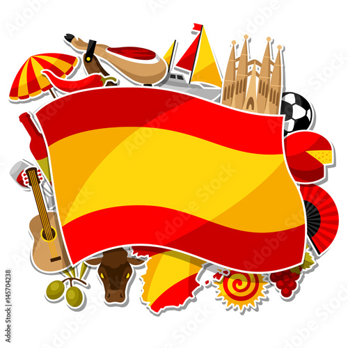 Spain background design. Spanish traditional sticker symbols and objects