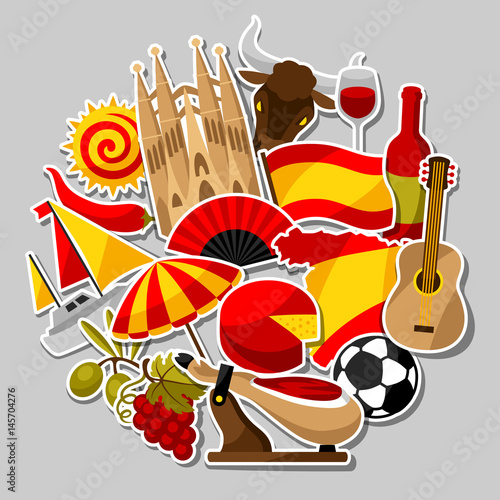 Spain background design. Spanish traditional sticker symbols and objects