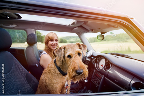 Valokuva Junge Frau mit Hund im Auto