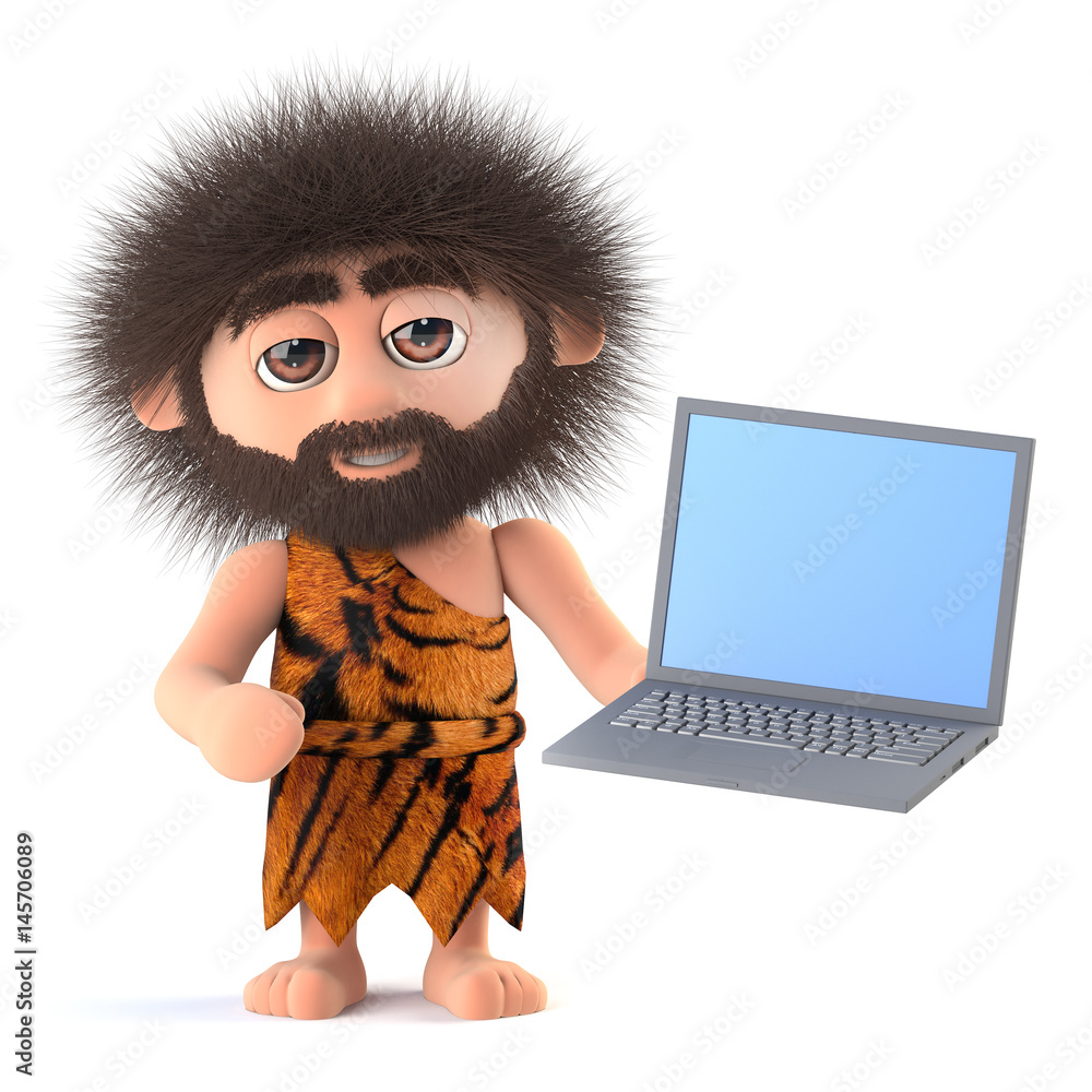 3d Funny cartoon primitive caveman character holds a laptop computer Stock  Illustration | Adobe Stock