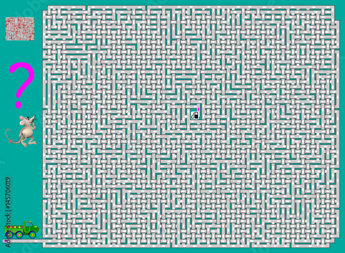 Logic puzzle game with labyrinth. Need to draw the way for lorry from start till petrol station. Vector image.