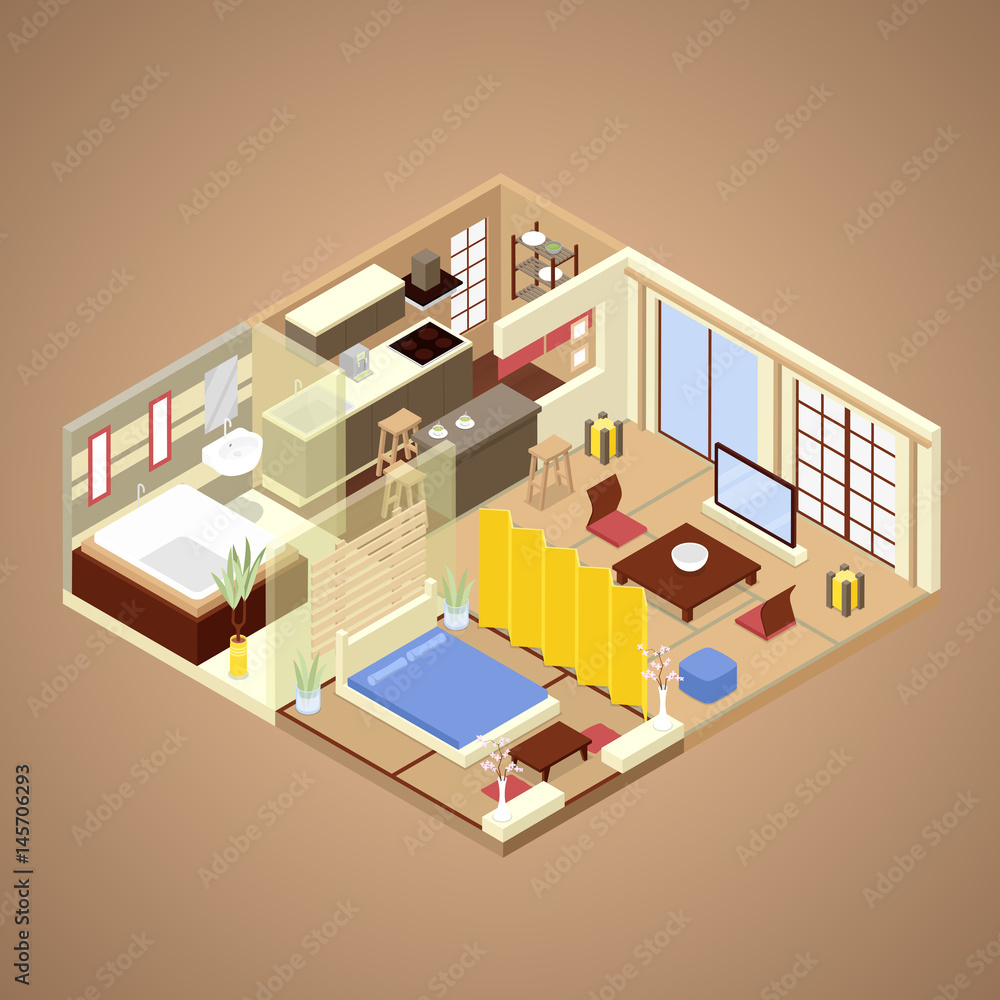Japanese Style Apartment Interior Design with Kitchen, Bedroom and Bathroom. Isometric vector flat 3d illustration