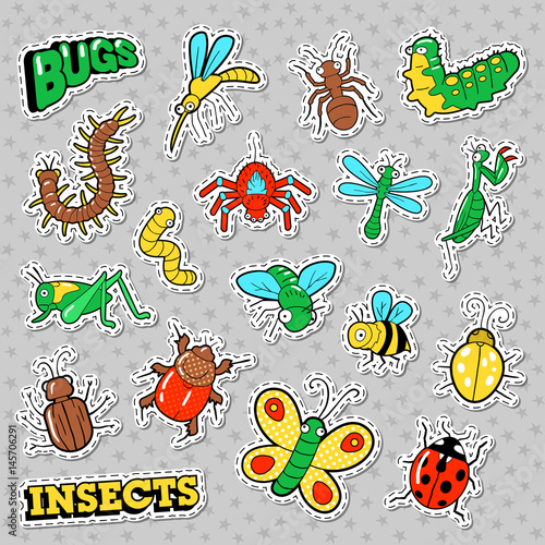 Bugs and Insects Patches  Stickers  Badges Set for Prints and Textile. Vector Doodle