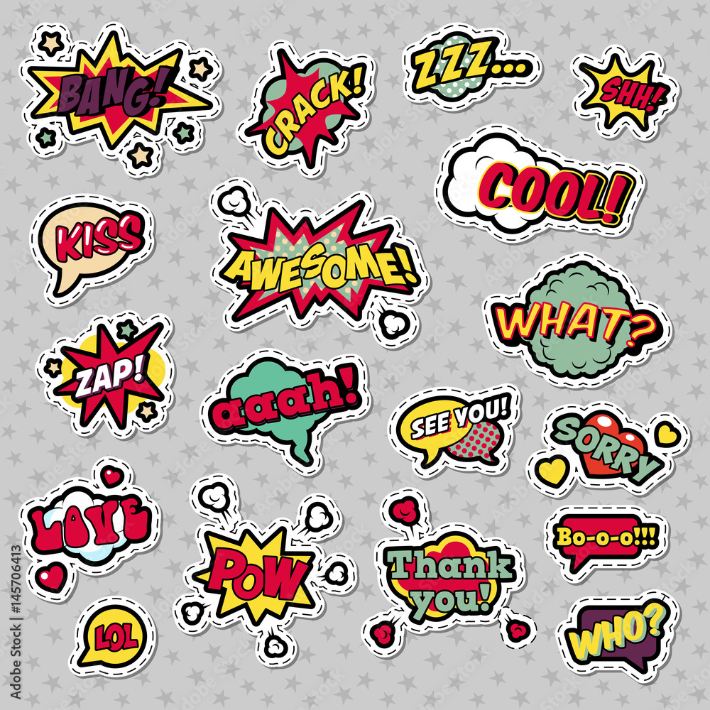 Pop Art Comic Speech Bubbles with Expressions Cool Bang Zap Lol. Vector Retro Background Pop Art Comic Speech Bubbles with Expressions Cool Bang Zap Lol. Vector Retro Background