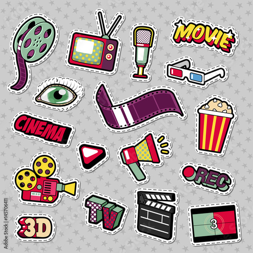 Cinema Film Television Patches, Badges, Stickers set with Camera, TV, Tape. Vector Doodle