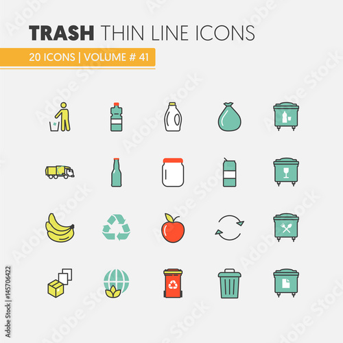Garbage Waste Recycling Linear Thin Line Vector Icons Set with Trashcans