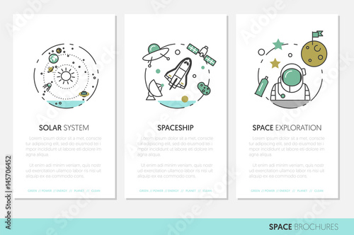 Space Research Business Brochure Template with Linear Thin Line Vector Icons