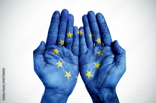 hands patterned with the european flag