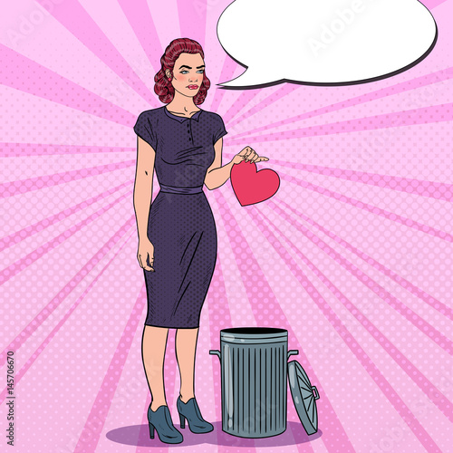 Unhappy Young Woman Throws Her Heart in the Trash. Unrequited Love. Pop Art Vector illustration