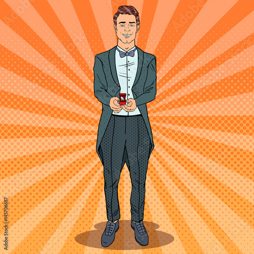 Pop Art Handsome Man with Wedding Ring. Marriage Proposal. Vector retro illustration