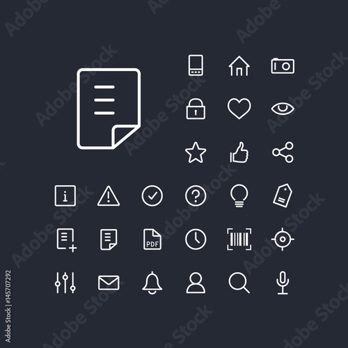 Document icon in set on the black background. Universal linear icons to use in web and mobile app.