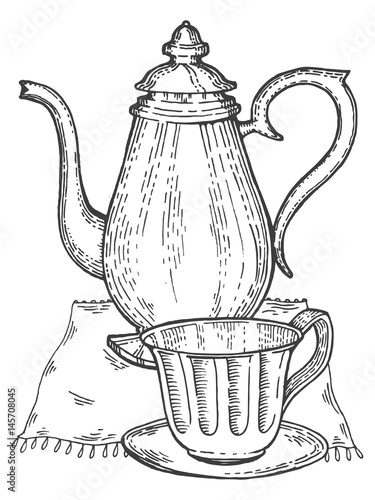 Old vintage teapot and cup engraving style vector