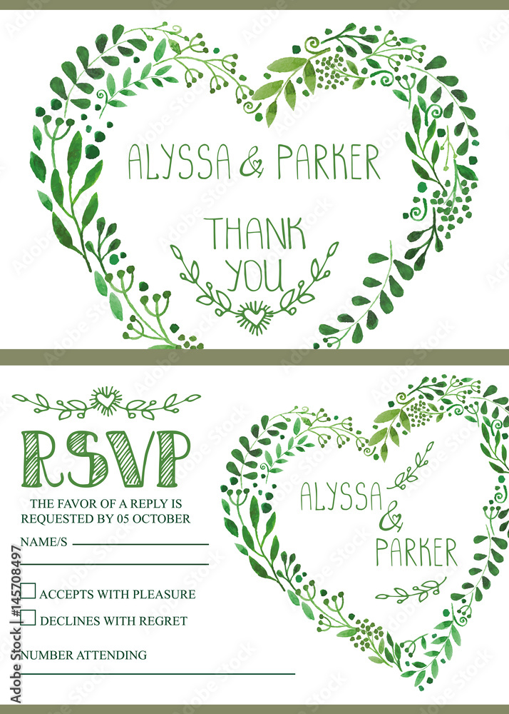 Wedding invitation set.Watercolor green branches heart wreath