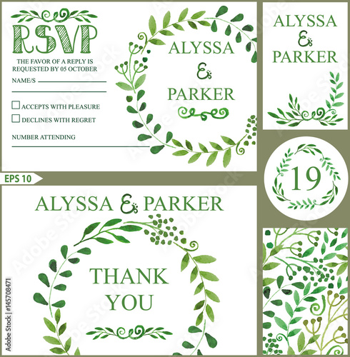 Wedding invitation set.Watercolor green branches decor