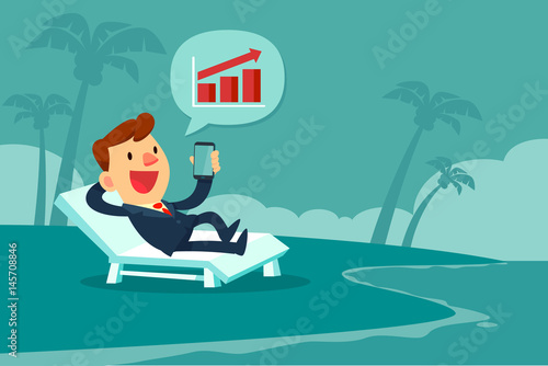 businessman relaxing on beach chair looking at bar chart on smart phone screen