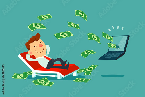 businessman relaxing on beach chair while money come out of his laptop screen
