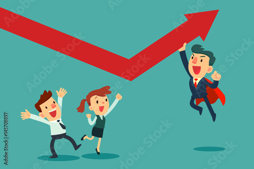 super businessman help his team pushing graph up