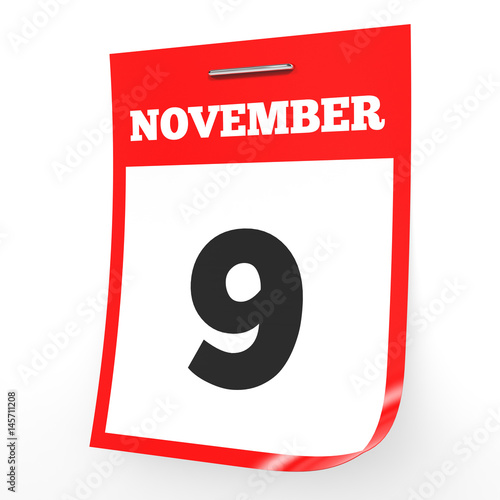 November 9. Calendar on white background.