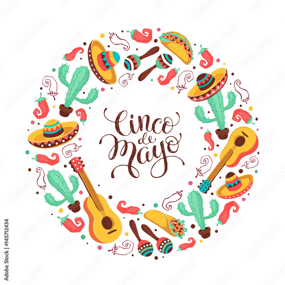 Cinco de Mayo greeting card in circle shape. Mexican culture attributes collection. Cinco de Mayo poster with guitar, sombrero, maracas, cactus and jalapeno isolated on light background. Cinco de Mayo greeting card in circle shape. Mexican culture attributes collection. Cinco de Mayo poster with guitar, sombrero, maracas, cactus and jalapeno isolated on light background.