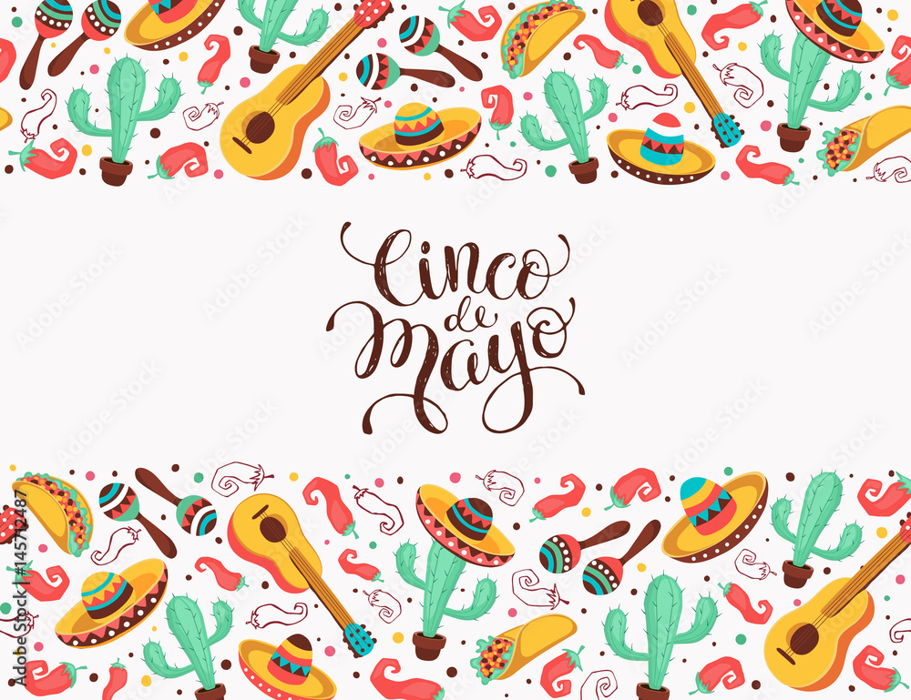Cinco de Mayo poster  in horizontal stripe composition. Mexican culture symbols collection. Guitar, sombrero, maracas, cactus and jalapeno isolated on white background. Cinco de Mayo greeting card.