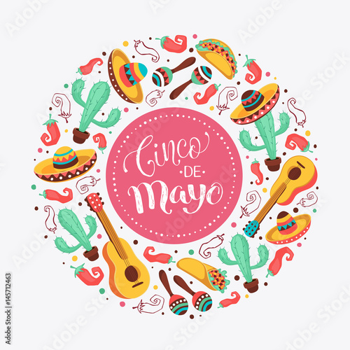Cinco de Mayo poster  in circle shape. Mexican culture attributes collection. Guitar, sombrero, maracas, cactus and jalapeno isolated on light background. Cinco de Mayo greeting card.