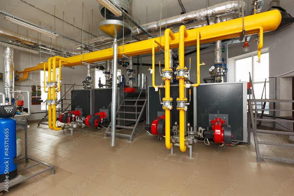 Interior gas boiler with a water treatment system, a lot of boilers, pipes and sensors