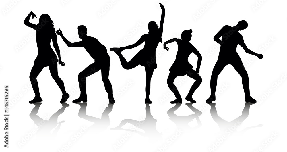 Illustration, vector, group of dancing people, silhouettes