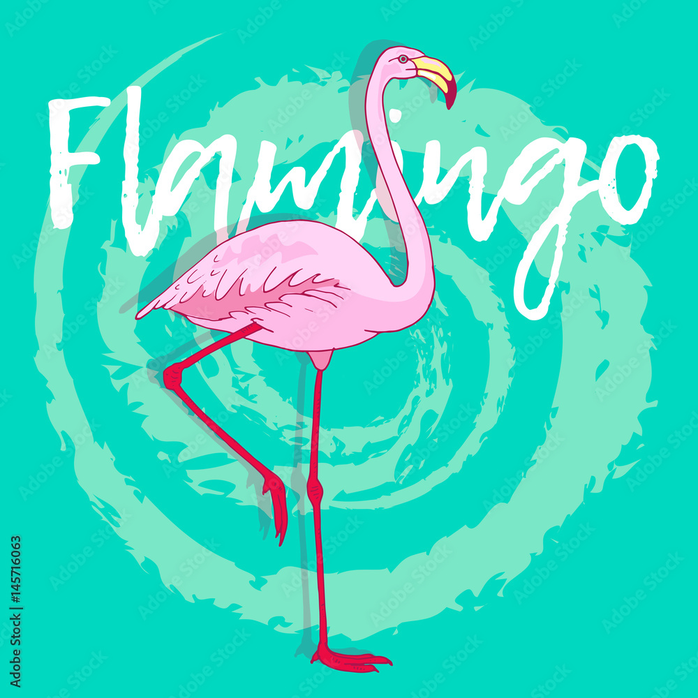 Obraz premium Vector pink flamingo bird illustration. Hand drawn sketch with the wild animal on abstract background