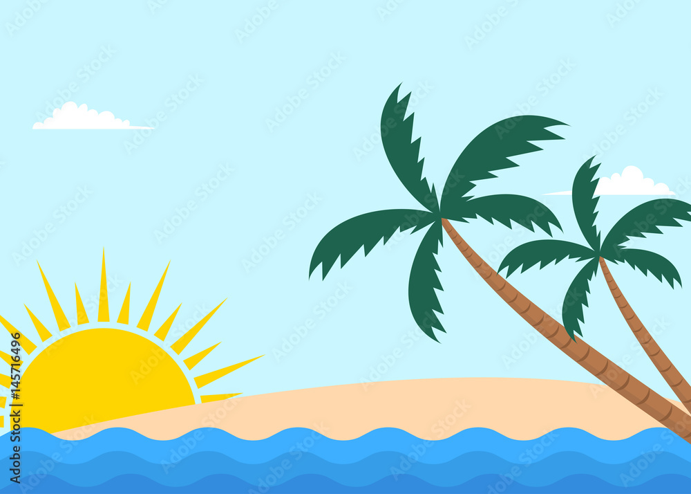 Tropical beach landscape with palm trees and sun at the horizon