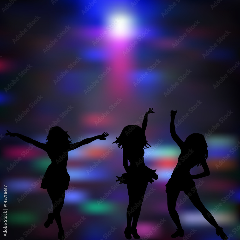 Illustration, vector, silhouette of dancing people, disco